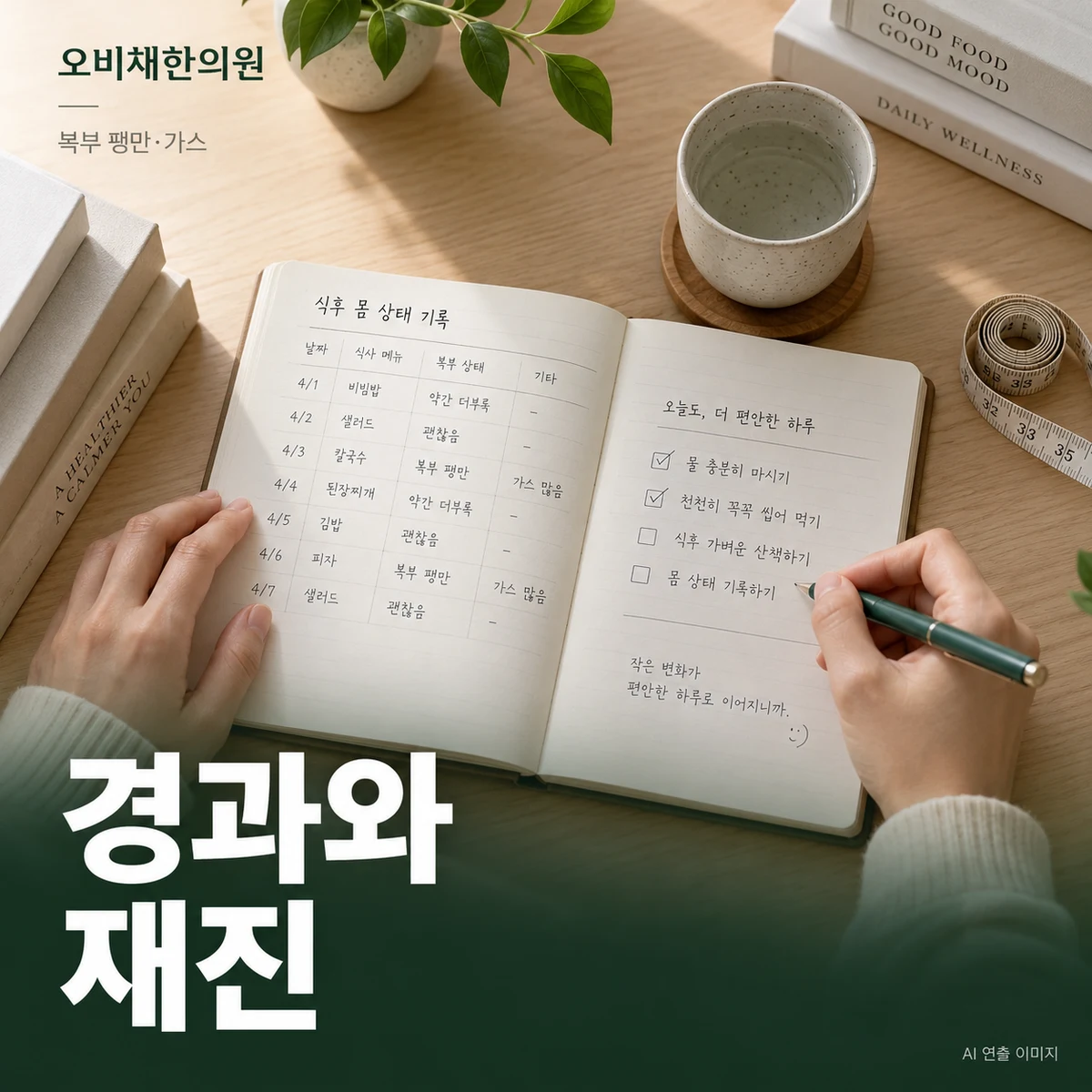 목동 복부팽만·가스 경과·재진 · 하루 중 변화와 배변 기록