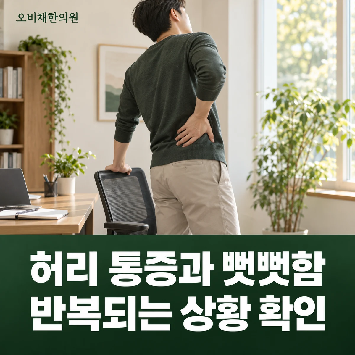 목동 요추염좌 증상 · 허리 통증과 뻣뻣함 · 반복되는 상황 확인